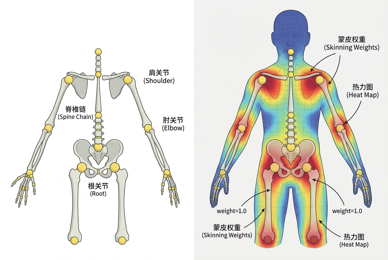 角色骨架+蒙皮示意图：骨骼层次+关节+蒙皮权重热图