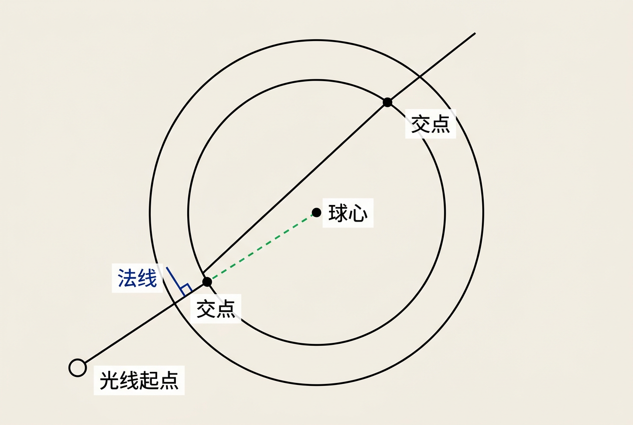 光线与球体求交的几何图示